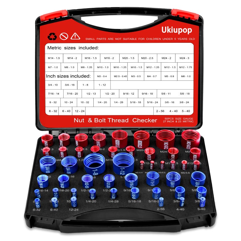 Ukiupop 50PCS Thread Checker Kit - SAE & Metric Bolt Thread Checker, Nut & Bolt Size Finder Tool (27 SAE + 23 Metric) - Thread Gauge for Quickly Identifying Screw, Nut, and Bolt Sizes - Image 1